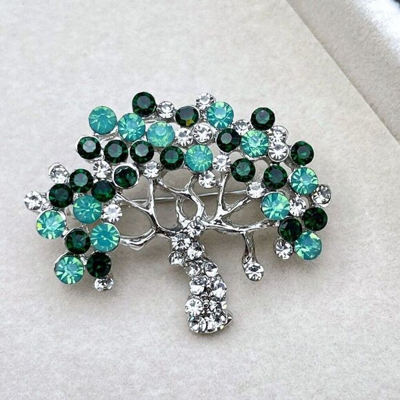 Silver with Green Opal Emerald and Diamond Crystal Blooming Tree Pin Back Brooch - Picture 3 of 9